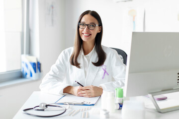 World Cancer Day. Woman doctor with purple ribbon, sign of Alzheimer disease day, Pancreatic...
