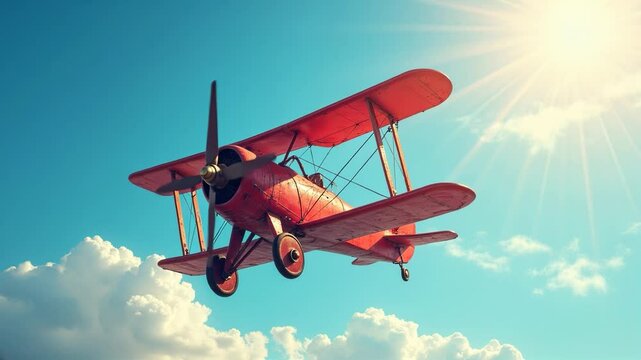 Vintage red biplane soars through clear blue skies on a sunny afternoon