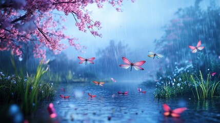 Dragonflies dancing under the cherry blossom rain