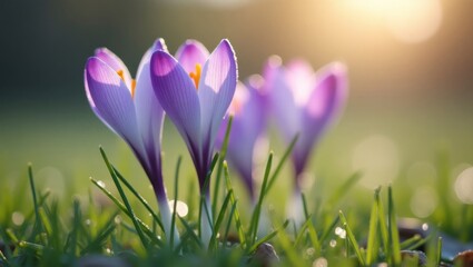 A vibrant purple crocus flower with dewdrops on grass, glowing in sunlight, perfect for spring or...