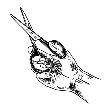 hand holding scissors line art hand drawn illustration