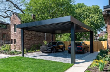 An exterior eye-level view of an L-shaped carport made from black steel and brick. On the right side, there is part of a house with red brick walls and white trim
