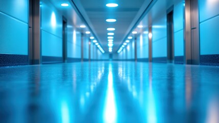 Long blue hallway with doors and bright lights, reflective floor.