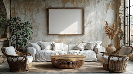 Fototapeta premium Bohemian Chic Living Room Mockup: A stylish and cozy living room interior features a large square frame mockup on a rustic textured wall, complemented by a white linen sofa, wicker armchairs.