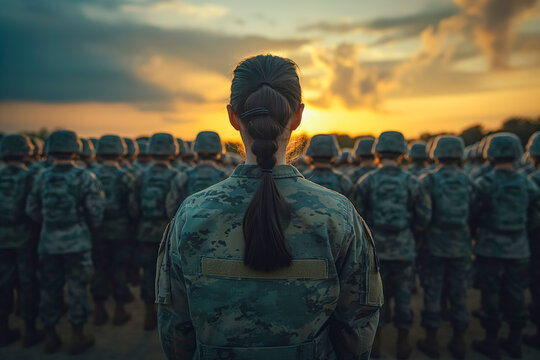 Young woman soldier standing in formation at sunset