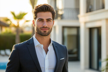 Fototapeta premium A beautiful male real estate agent with a luxury villa in the background