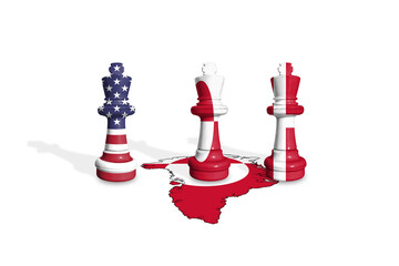 Chess made from USA, Greenland and Denmark flags on a Greenland map