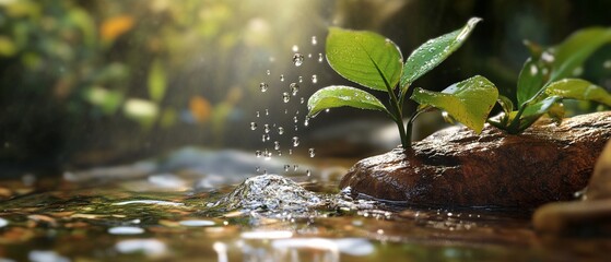 Naklejka premium A close up of water trickling over rock, surrounded by vibrant green leaves, creating serene atmosphere