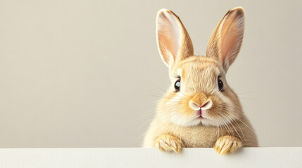 A rabbit is looking at the camera with its eyes closed. The rabbit is standing on a white wall