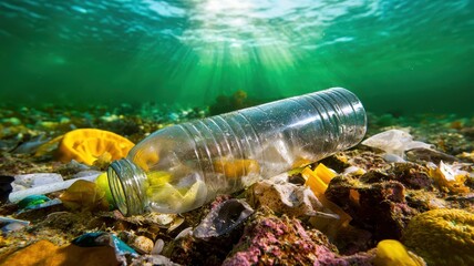 Environmental Pollution and Ocean Conservation Issues. Underwater scene with a plastic bottle amidst colorful marine debris.