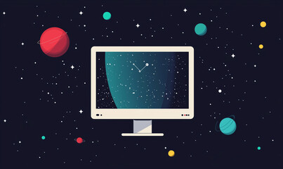 A computer monitor displays a cosmic scene filled with planets and stars against a dark background, blending technology with celestial imagery.