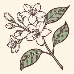 Vector black silhouette of Jasmine
flower with stem isolated on a white background.
