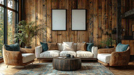Obraz premium Rustic Living Room Design: Embrace a warm and inviting living space with this cozy rustic interior featuring a wooden wall, two empty picture frames, comfy armchairs and a white couch.