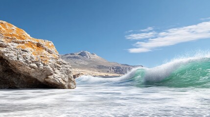 Ocean wave crashes powerfully near dramatic coastal rocks under bright sunlight. AI Generated