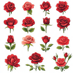 Fototapeta premium collection of 16 flat design roses in bloom, featuring deep red and soft pink hues with green leaves
