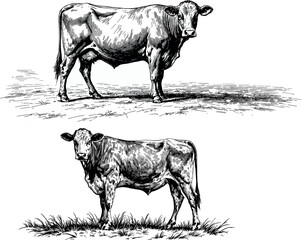 Hand-drawn vintage vector illustration of a cow and farm tools in engraving style
