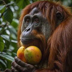 Fototapeta premium An adult orangutan in Borneo, Malaysia, captured on September 6, 2014, as it sits on a tree branch.
