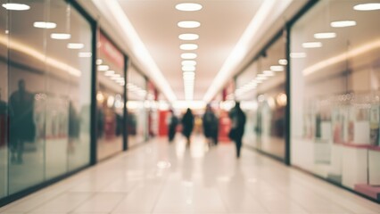 Fototapeta premium indoor shopping mall, blurred people, motion blur, long hallway, bright lights, reflective floors, glass storefronts, modern architecture, symmetrical composition, vanishing point, busy atmosphere, re