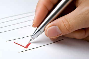 hand marking completed task with red pen on checklist