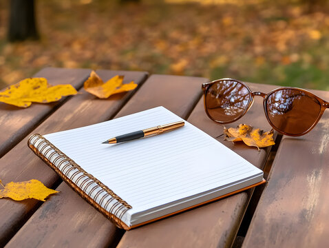 spiral notebook with pen and sunglasses on wooden table surrounded by autumn leaves