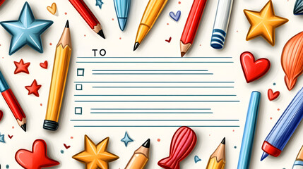 Whimsical illustration of to do list surrounded by colorful stars and pencils