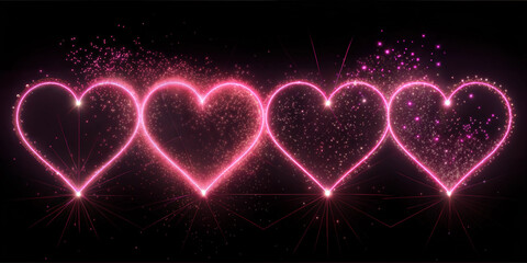 Four pink glowing hearts on a black background, surrounded by sparks and glowing particles, creating a fireworks effect.