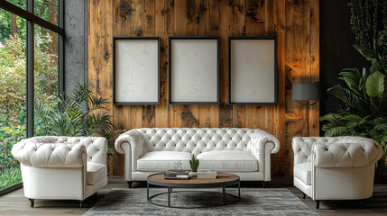 Obraz premium Modern Living Room with Wooden Wall: A stylish and modern living room features a white tufted sofa and armchairs, set against a rustic wooden wall with three framed prints.