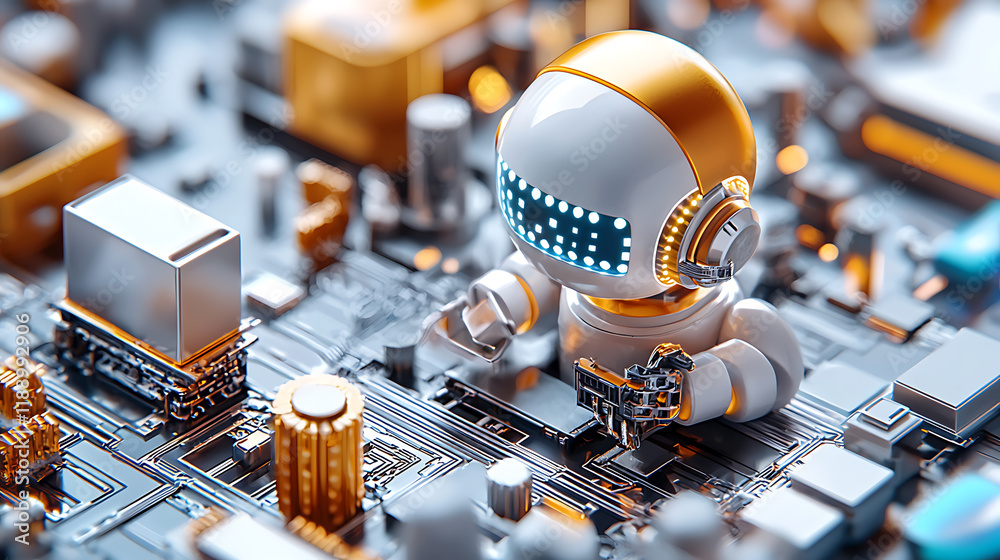 Poster robot assembling circuit boards in high-tech lab digital art futuristic environment close-up view in