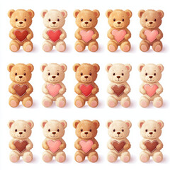 Fototapeta premium collection of 16 adorable teddy bears holding colorful hearts, showcasing love and warmth