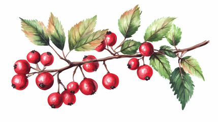 Hawthorn berries - watercolor painting. bright red berries with green leaves isolated on white background. Thornpath. Illustration