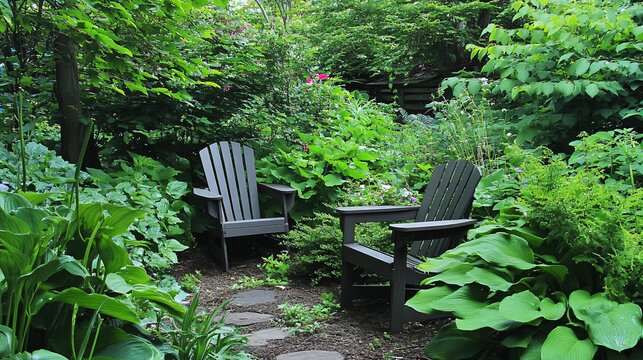 Serene Garden Patio with Two Adirondack Chairs
