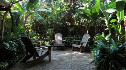 Obraz premium Serene Tropical Garden Patio with Wooden Adirondack Chairs