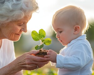 A Peaceful Garden Grandma's Loving Teachings on Plants, Nurturing Love, and Intergenerational Wisdom A heartwarming image of a grandmother sharing her knowledge of nature and plants with her