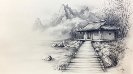 Serene pencil sketch of a traditional Asian house nestled in a misty mountain landscape by a lake with a wooden staircase leading to it.