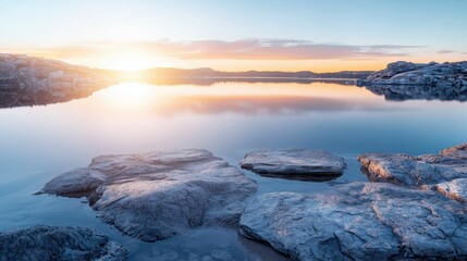 Serene Mountain Lake Reflecting the Morning Sunlight Amidst Rocky Terrain