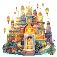 Obraz premium Whimsical Colorful Castle with Hot Air Balloons