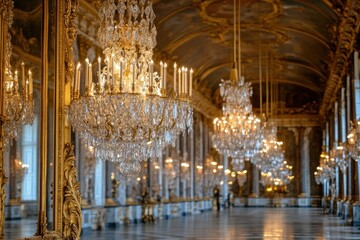Obraz premium Grand Hall Crystal Chandeliers Illuminate Palace Interior