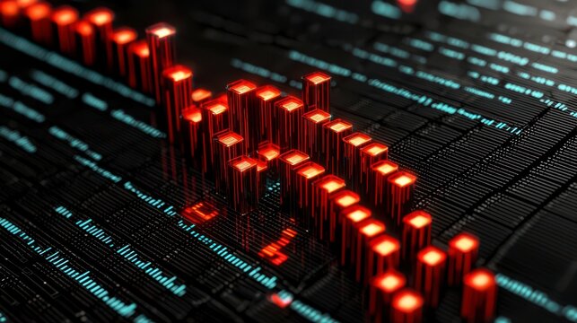 A vibrant digital visualization featuring red bars on a dark background, symbolizing data analysis and trends in a modern technological context. - Powered by Adobe