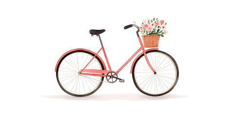Fototapeta premium A charming pink bicycle with a basket of flowers, perfect for a spring day. 