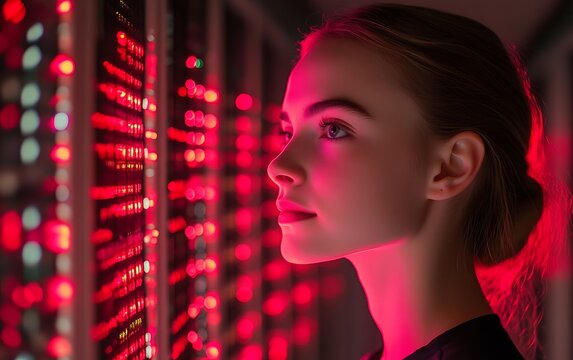 Young woman looking at server rack in red light.