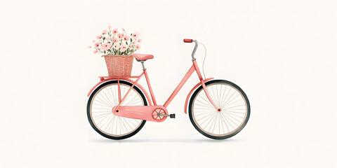 Fototapeta premium Pink bicycle with a basket of flowers. Perfect for springtime or summer themes.