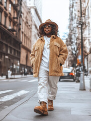 Fototapeta premium A stylish individual walks confidently down a city street, wearing a cozy coat and trendy boots, embodying urban fashion.