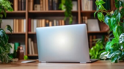 Fototapeta premium Home Office Setup Laptop Bookshelf and Plants in a Cozy Environment