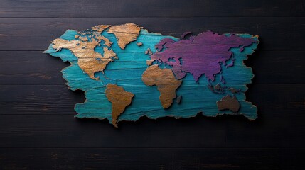 Handcrafted Wooden World Map: A Teal and Gold Globe Decor
