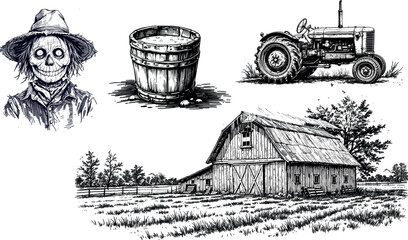 Hand-drawn vintage vector illustration of scarecrow, tractor, house, and water bucket © Ksenia
