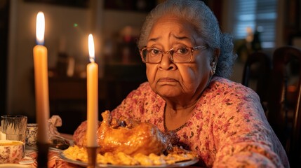 Enriching Senior Life A heartwarming image depicting a senior woman's peaceful Thanksgiving dinner, showcasing meaningful connection and care-focused activities within a supportive community The