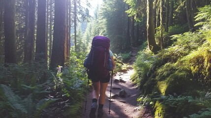 Obraz premium Rear of women hiking traveler with backpack walking through a pine tree forest.