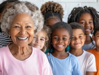 Obraz premium Inspiring Generations A Senior Citizen Volunteering Time, Sharing Life Skills and Precious Stories with a Group of Enthusiastic Children, Fostering Intergenerational Connections and Building a