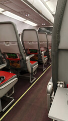 Airplane Interior with Passenger Seats, Foldable Tray Table, and Seat Pocket