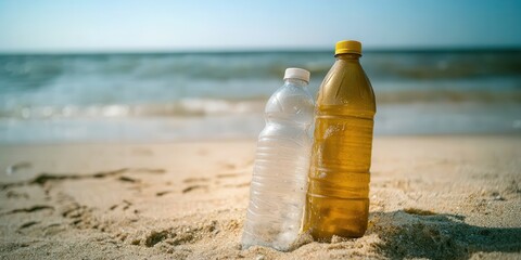 Obraz premium Environmental Pollution and Ocean Conservation Issues. Two plastic bottles on a sandy beach with ocean waves in the background.